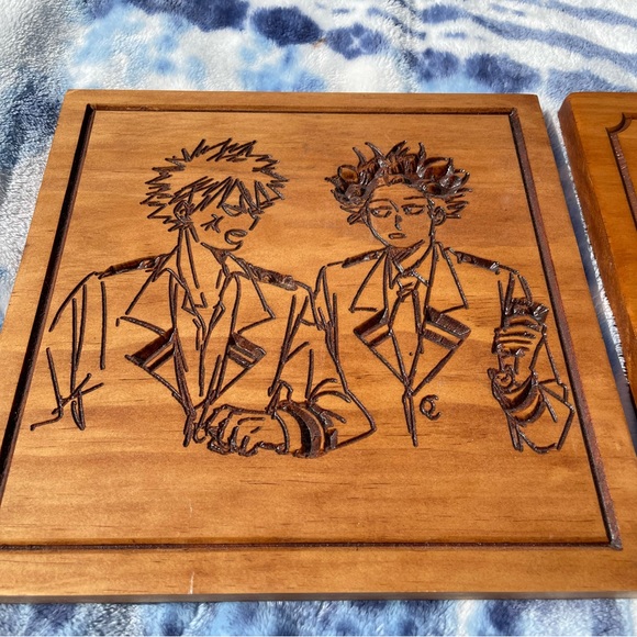 Set Of 2 Anime Style Pyrography Art Wood Hanging Wall Plaques ONE OF A KIND - Picture 7 of 11